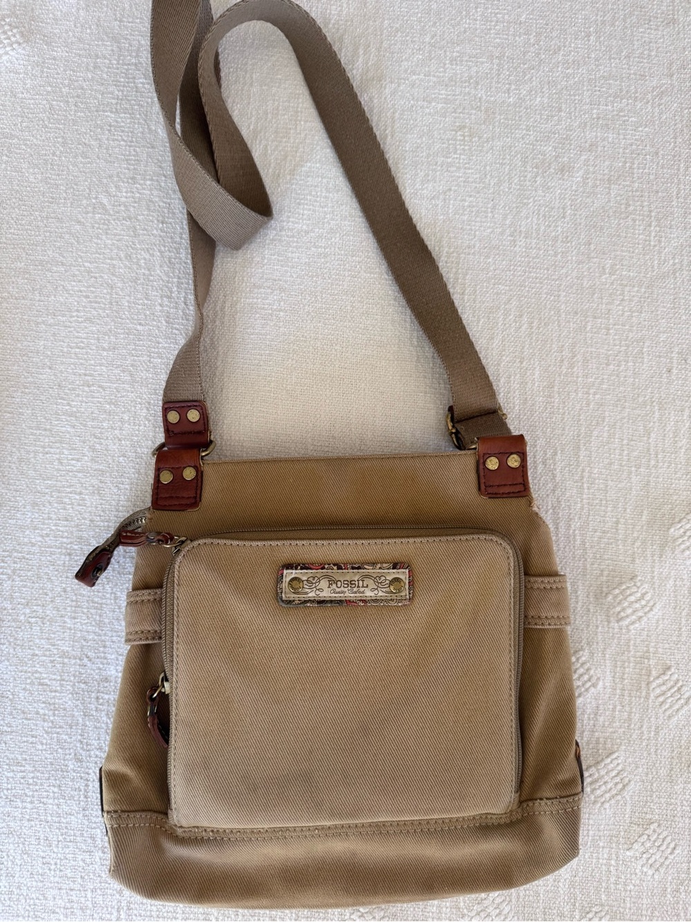 Fossil Canvas Crossbody Shoulder Bag Purse Organizer Leather Trim Adjustable